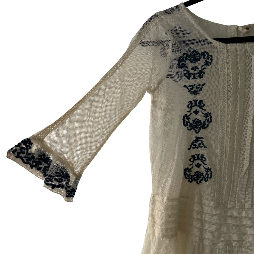 Free People Boho Lace Peplum Top Ivory Navy Embroidered Sheer Blouse XS - Picture 3 of 7